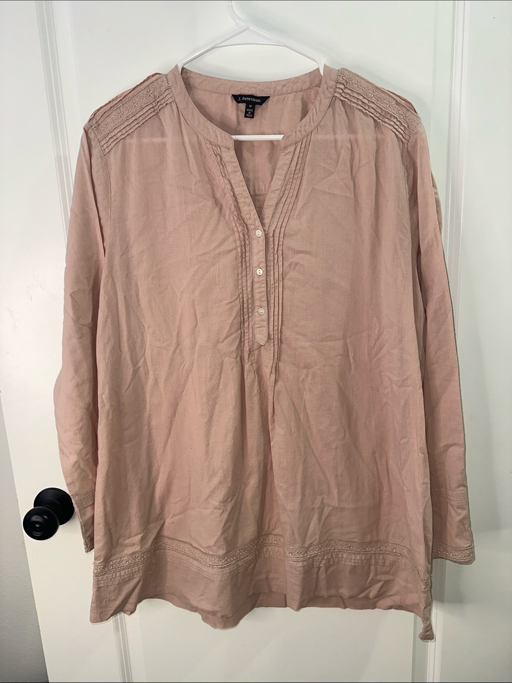 J. Peterman Dusty Pink Pintuck Tunic Size M 100% Cotton Designer Quiet Luxury